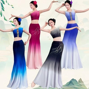 傣族舞蹈服装演出服儿童女女童艺考练习裙修身练功裙表演服鱼尾裙