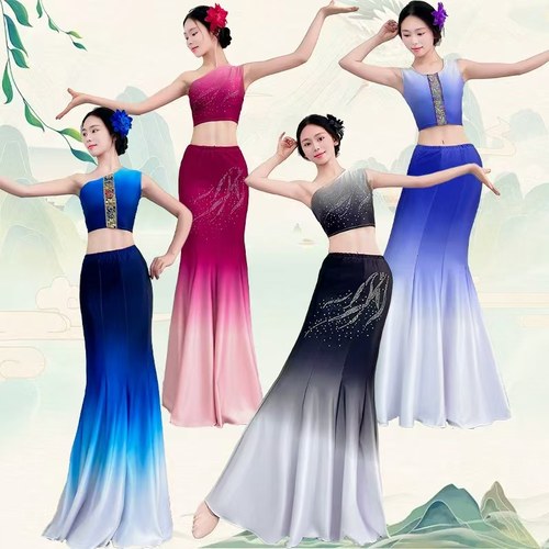 傣族舞蹈服装演出服儿童女女童艺考练习裙修身练功裙表演服鱼尾裙