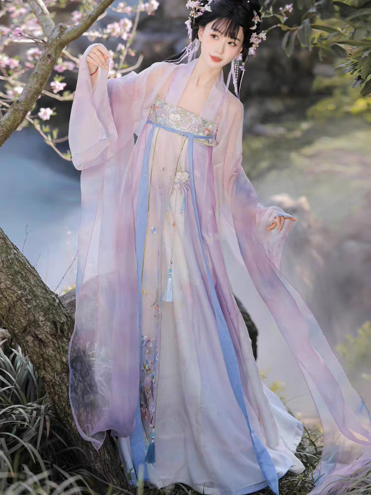 粉紫渐变齐胸襦裙唐制汉服女仙气飘逸重工刺绣春夏古风大袖衫套装