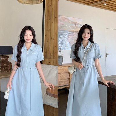 实拍~大码女装气质浅蓝色法式连衣裙翻领短袖衬衫裙长裙