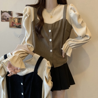 实拍~大码女装新款假两件撞色拼接上衣洋气泡泡袖百搭显瘦T恤