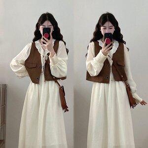 实拍~大码女装设计感法式减龄马甲两件套气质长袖连衣裙套装