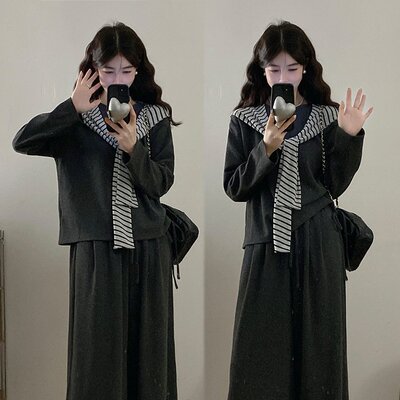 实拍~大码女装简约灰色圆领披肩长袖T恤套装秋冬新款休闲裤三件套