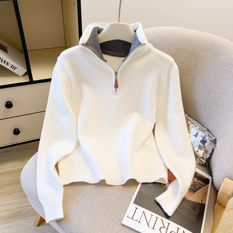 实拍 韩系设计感撞色领polo拉链针织毛衣女上衣
