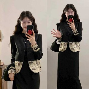 实拍~大码女装新中式印花马甲旗袍连衣裙显瘦国风套装两件套