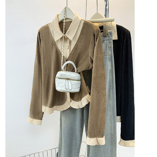 实拍~大码女装2024秋季新款法式荷叶边假两件上衣修身显瘦小衫