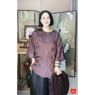 【大美红遍天】“重缎咖紫万字纹宝相花-香云纱”上衣100%桑蚕丝