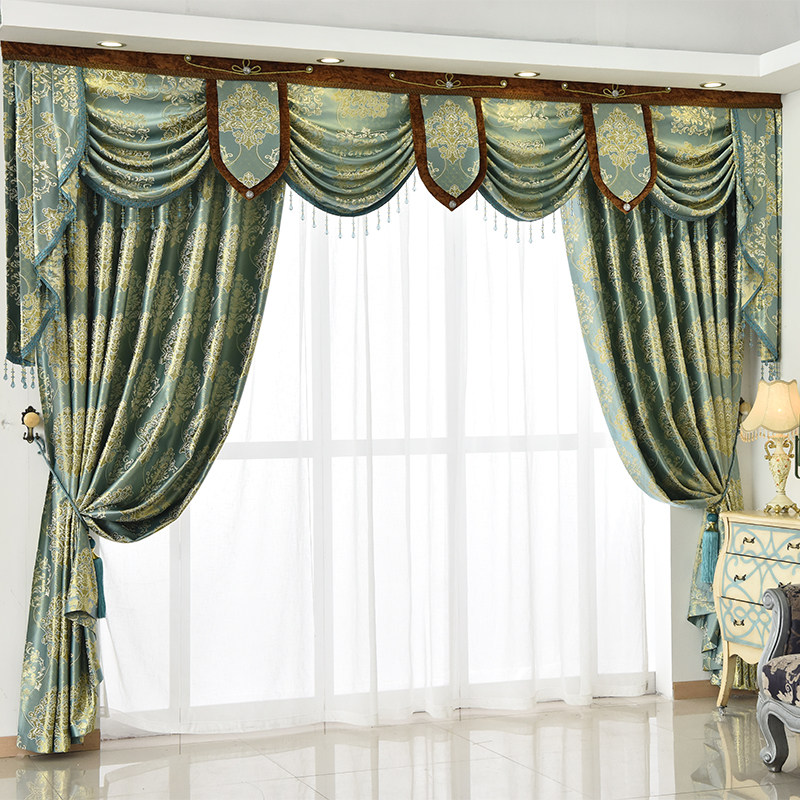 客厅卧室帘头水波窗幔欧式窗帘金丝提花成品飘窗阳台