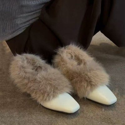 冬季新款方头粗跟毛毛鞋一脚蹬复古加绒玛丽珍单鞋通勤保暖小皮鞋