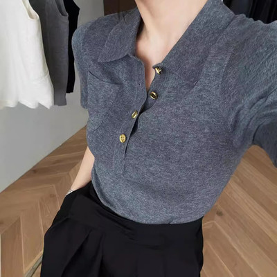 法式Polo领灰色短袖针织衫女夏季短款高级感气质冰丝正肩T恤上衣