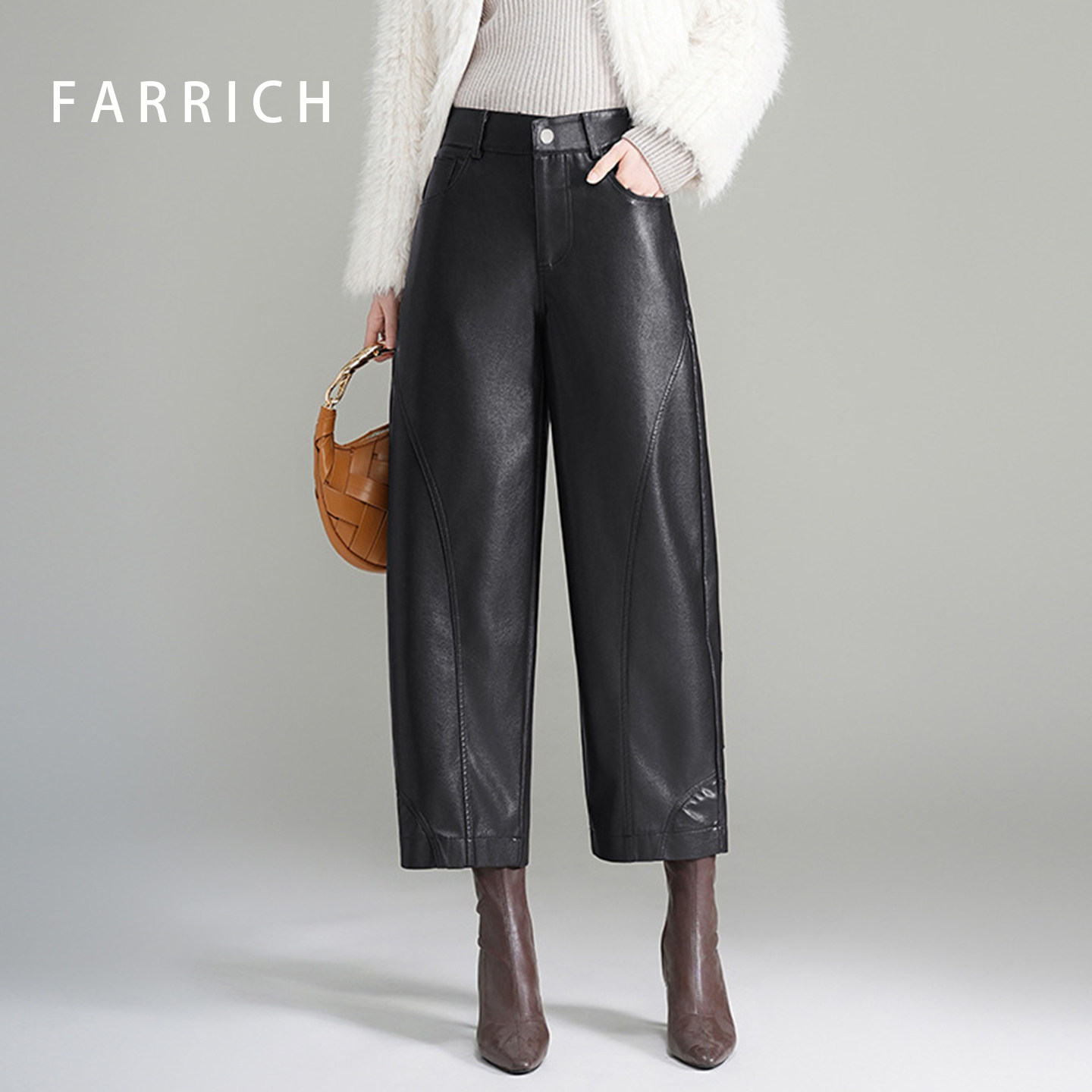 FARRICH黑色弯刀皮裤女宽松直筒