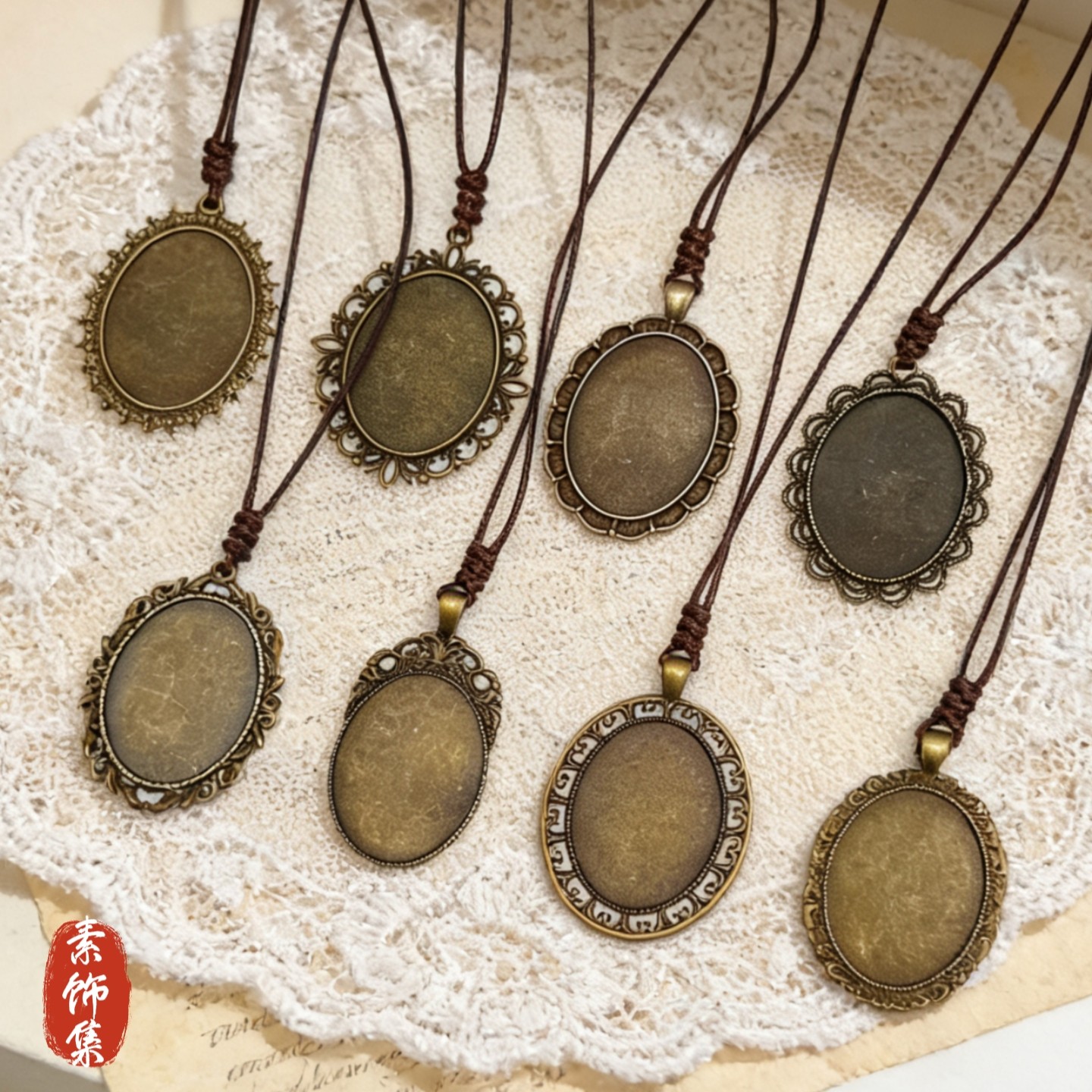 复古椭圆项链底托 花边时光宝石吊坠托 刺绣宋锦DIY手工项链配件