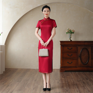 真丝大红旗袍中长款2023夏新品新娘敬酒服复古改良版喜婆婆桑蚕丝