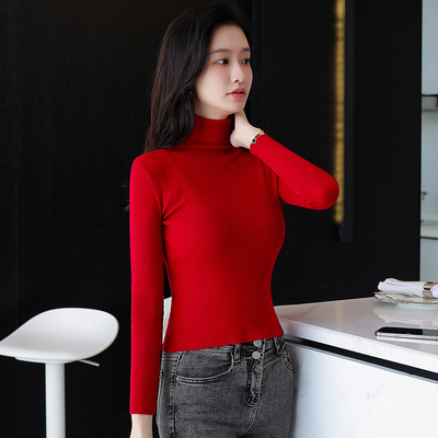 气质纯色高领毛衣女长袖薄款修身2023年秋冬高腰内搭保暖针织上衣