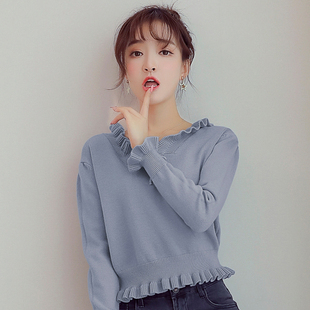 高腰小款秋冬宽松显瘦v领木耳边套头打底针织衫短款毛衣女羊毛衫