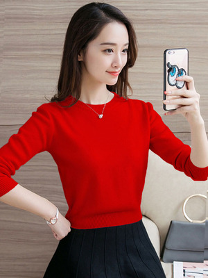 通勤修身型红色毛衣女秋