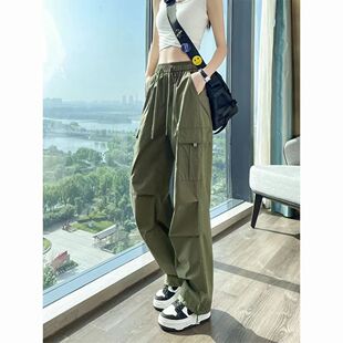 高腰穿搭显瘦抽绳休闲运动阔腿裤 美式 女宽松韩版 裤 复古军绿色工装