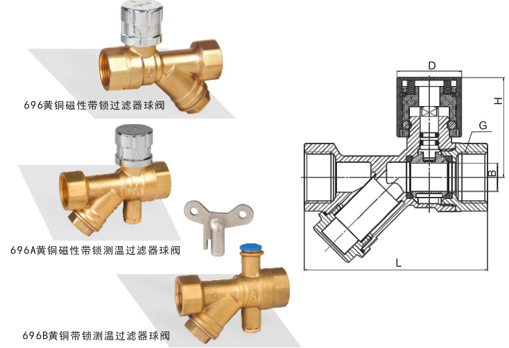 埃美柯 696B 黄铜带锁测温过滤器球阀 DN20 25 32