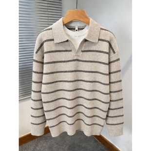 毛衣男秋冬复古撞色条纹polo领针织衫上衣假两件v领潮流休闲毛衫