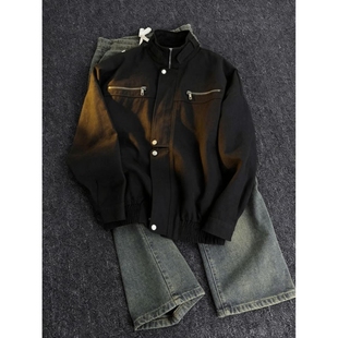 美式巴恩风立领工装夹克男女春秋百搭潮外套宽松休闲上衣潮流