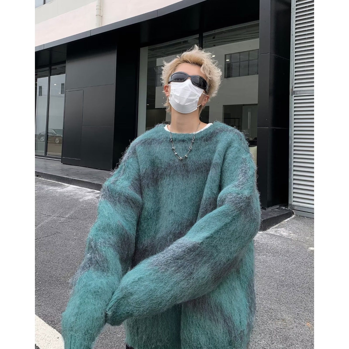 美式复古高街慵懒风拼色圆领印花毛衣男女高级感套头休闲中性上衣