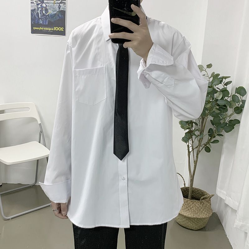 长袖衬衫男纯色韩版丝滑宽松帅气衬衫