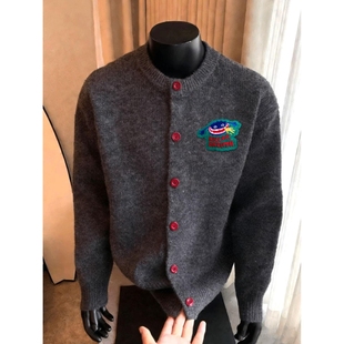 秋冬穿搭美式撞色纽扣复古卡通刺绣圆领长袖针织开衫男女毛衣外套