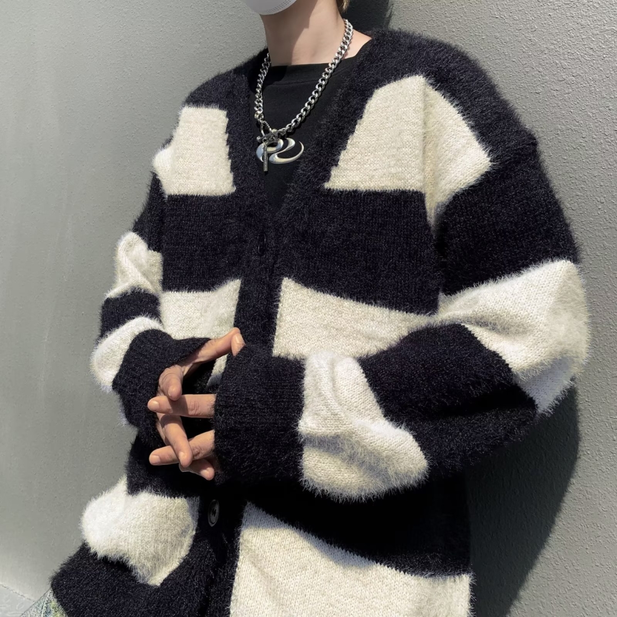 美式复古春秋款男V领开衫毛衣单排扣条纹拼接针织衫休闲外套