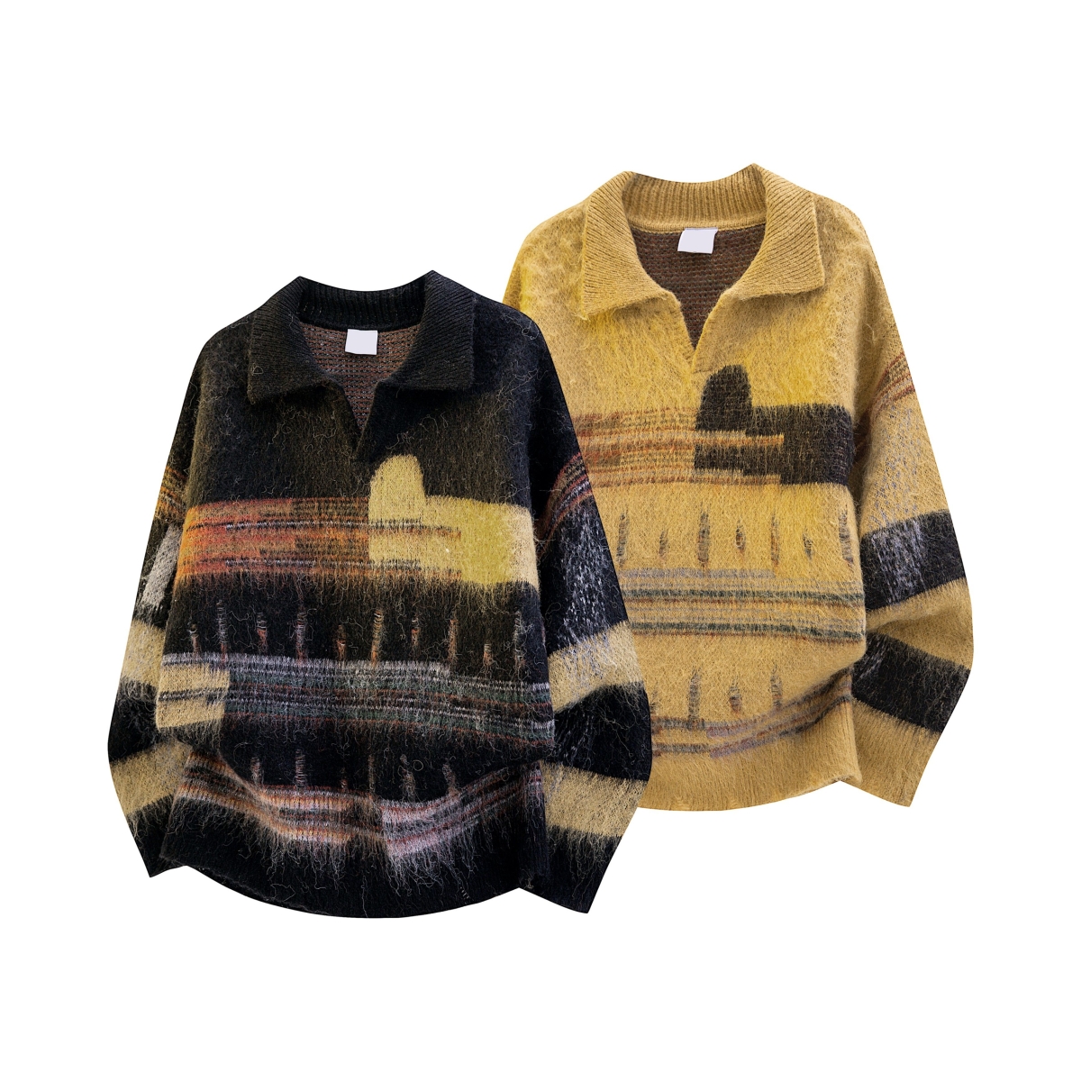 美式覆古chic撞色翻领针织衫男女秋季宽松bf慵懒风休闲套头毛衣潮