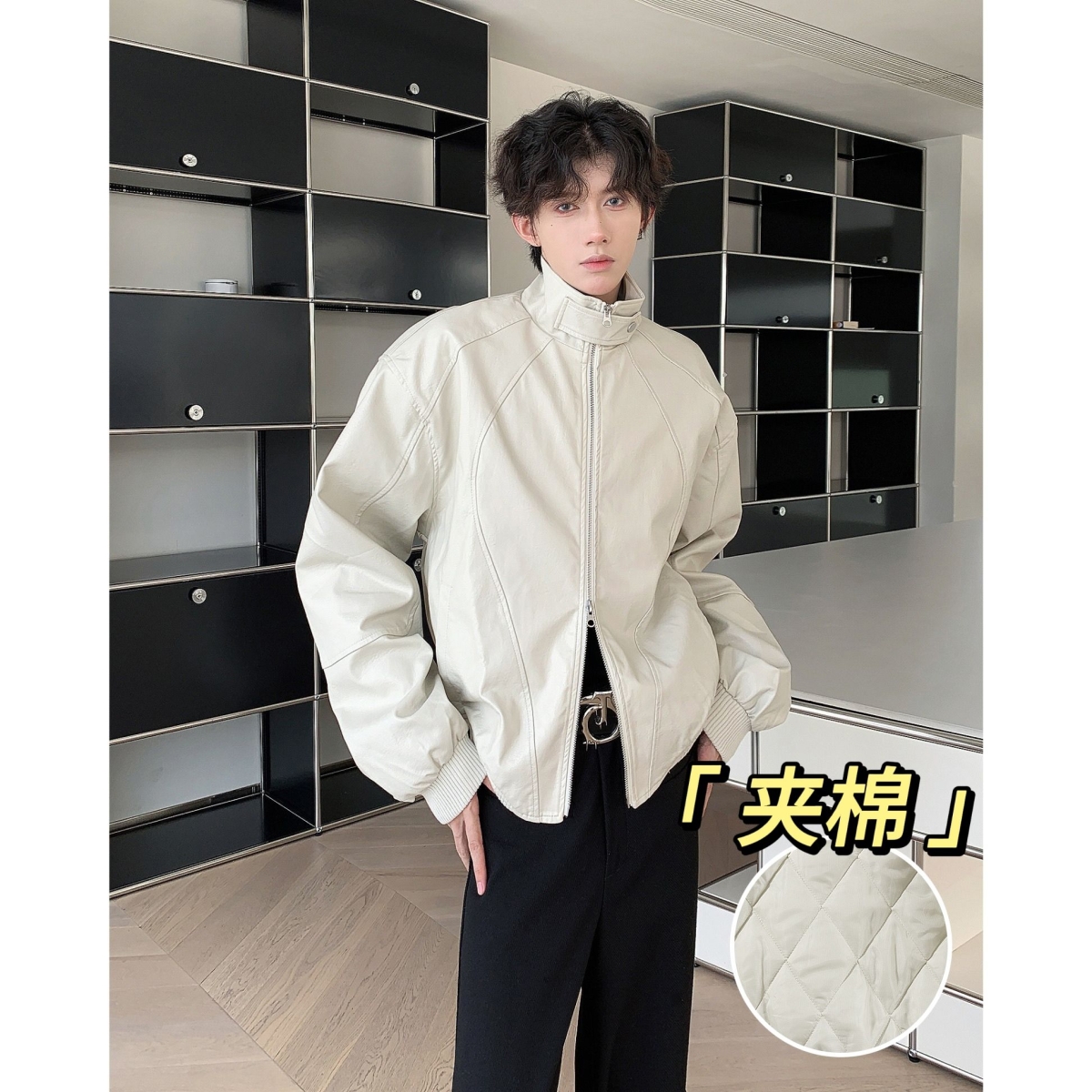 美式复古立领机车皮衣男冬季潮牌宽松设计感休闲短款夹棉加厚外套