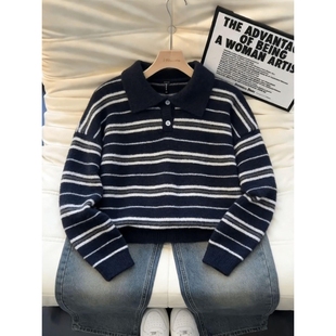 老钱风仿貂毛条纹polo领毛衣男女秋冬高级感痞帅慵懒风针织衫外套