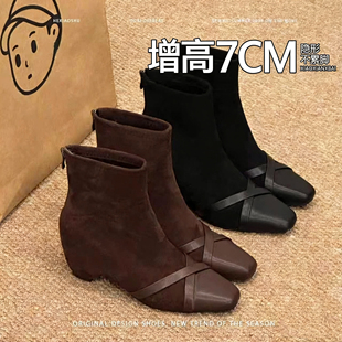 复古内增高真皮短靴女2025年新款小个子瘦瘦靴粗跟时装靴骑士靴子