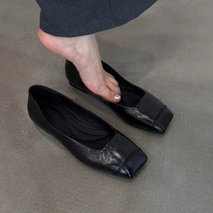 黑色复古显瘦真皮舒适通勤平底鞋 女2025新款 极简方头一脚蹬小单鞋