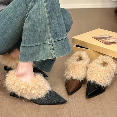 高品质毛毛鞋女真皮尖头高跟单鞋