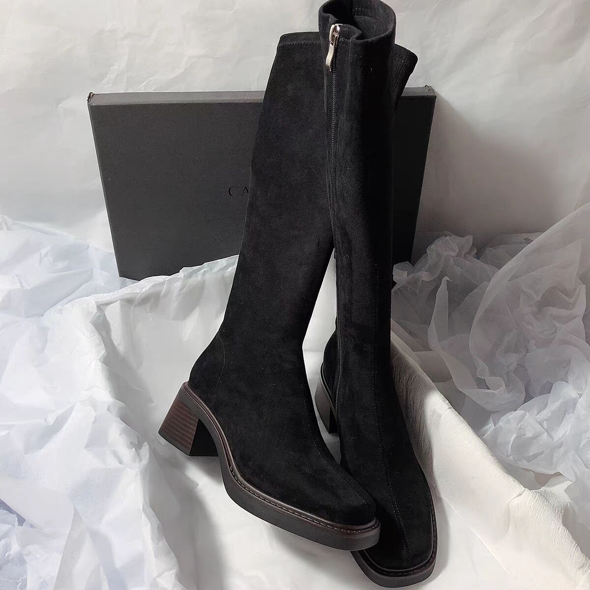 高品质粗跟方头长筒靴女弹力时尚