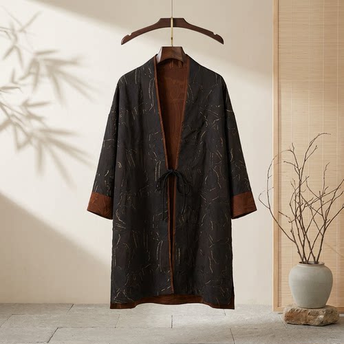 3394-国风剪烧花金缕提花茶服风衣外套女宽松中长款系带V领