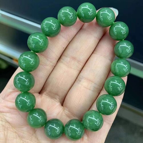 天然和田碧玉单圈手链12mm 微黑点阳绿色圆珠男女手串