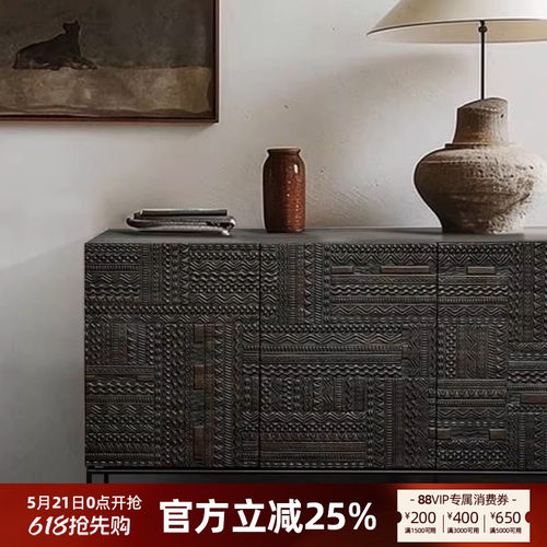 进口北欧表情餐边柜柚木手工雕刻