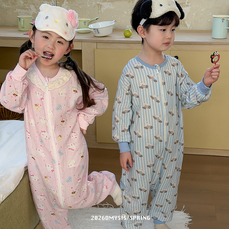 26春夏儿童纯棉纱布长袖护肚睡袋中大童全棉连体衣家居服睡衣韩版