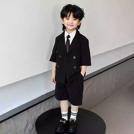 男童短袖西装韩版夏装套装2025新款儿童装西服礼服三件套表演衣服