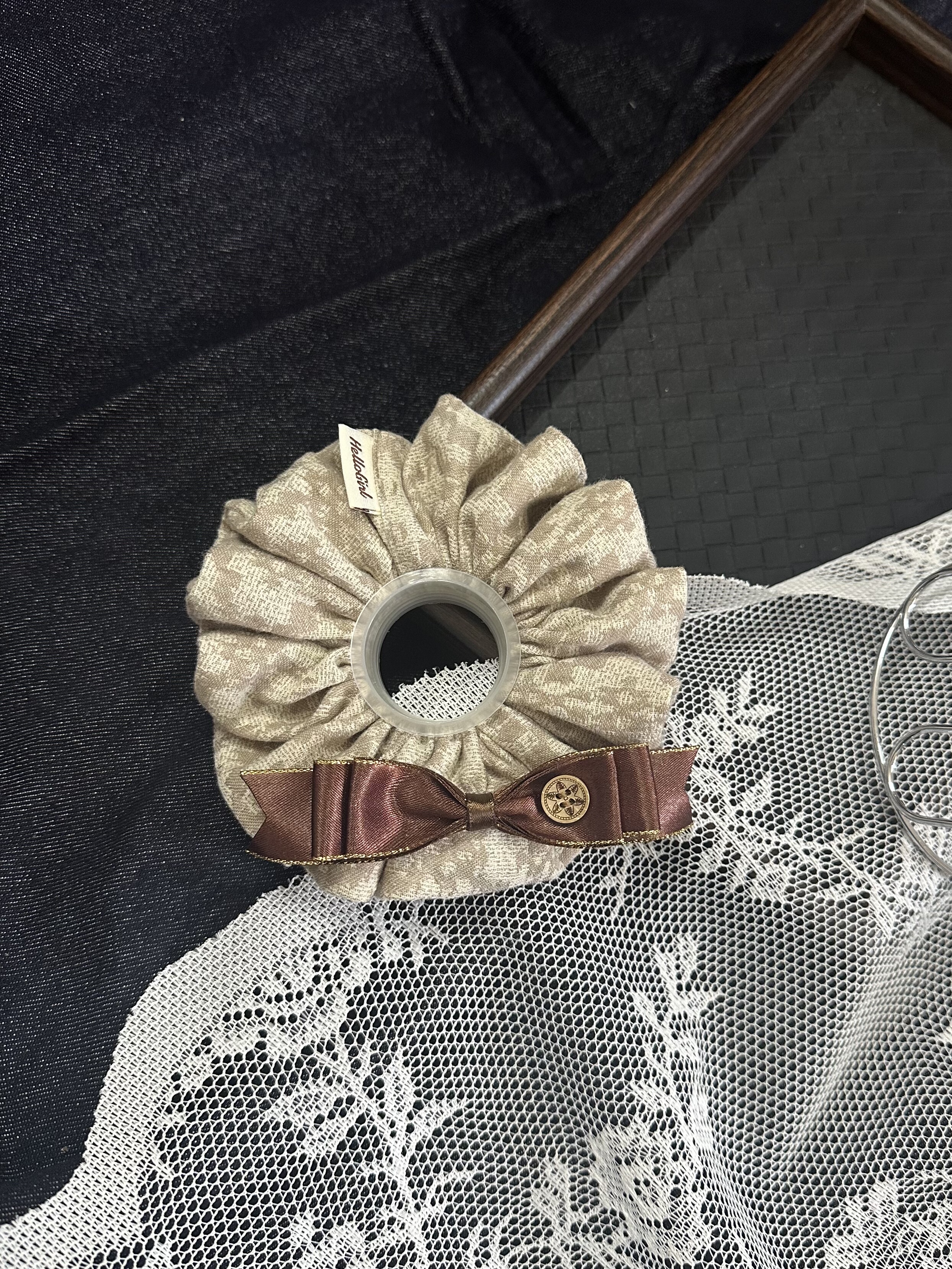 自制原创手作彩纱美拉德大肠发圈咖色蝴蝶结多褶肠圈高马尾麻花辫