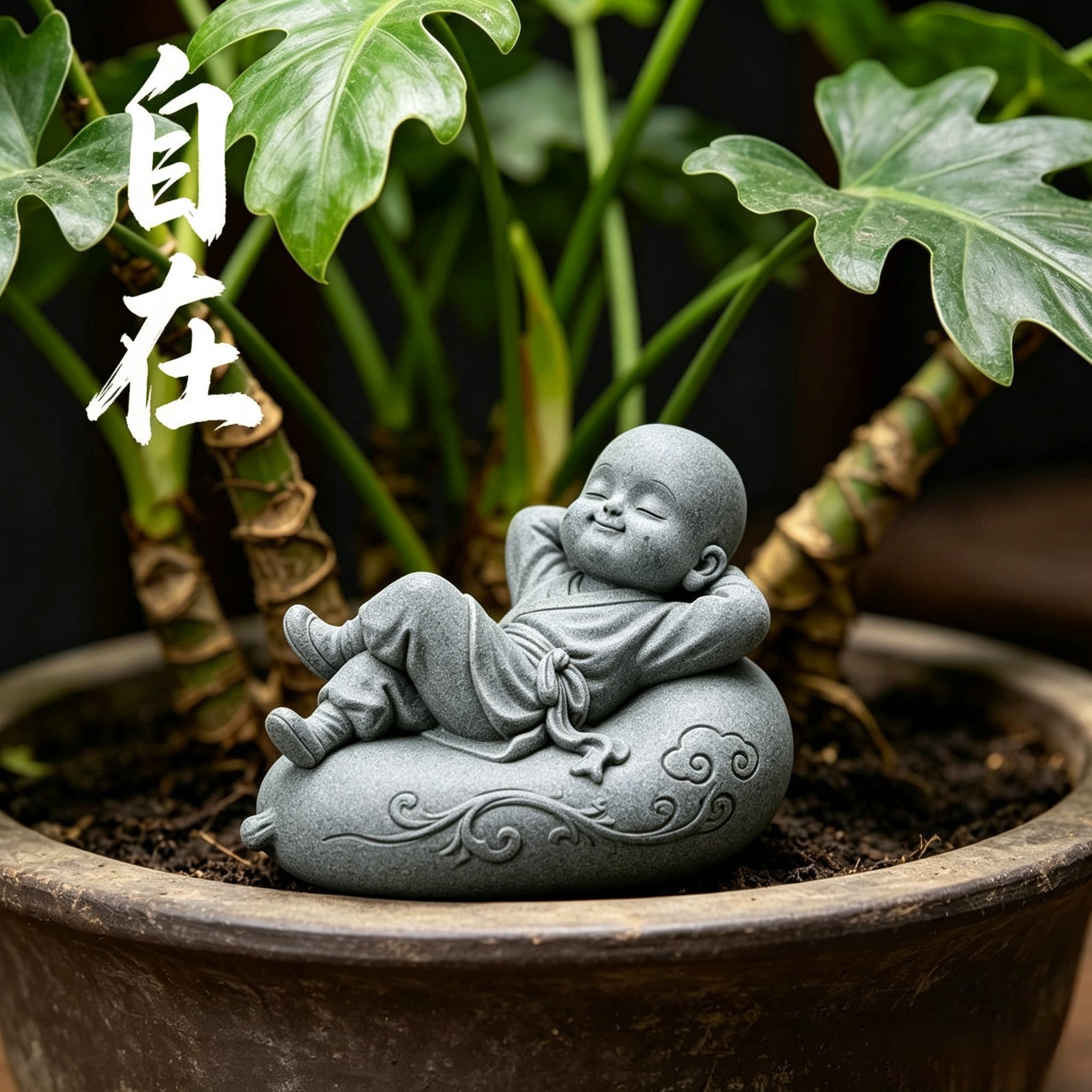 青砂石国潮开心笑佛弥勒茶室桌面茶宠摆件园艺微景观鱼缸造景装饰