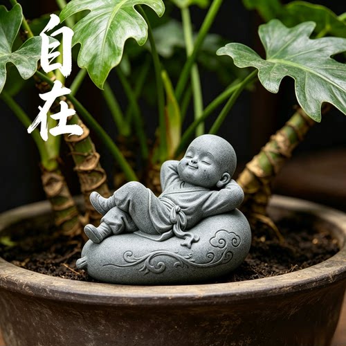 青砂石国潮开心笑佛弥勒茶室桌面茶宠摆件园艺微景观鱼缸造景装饰