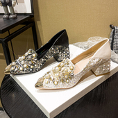 尖头高跟水钻雪莲花单鞋 粗跟单鞋 不累脚单鞋 新款 女 浅口秋季