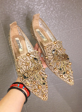 欧洲站2025春夏季新款尖头平底百搭水钻铆钉透气网沙一脚蹬单鞋女