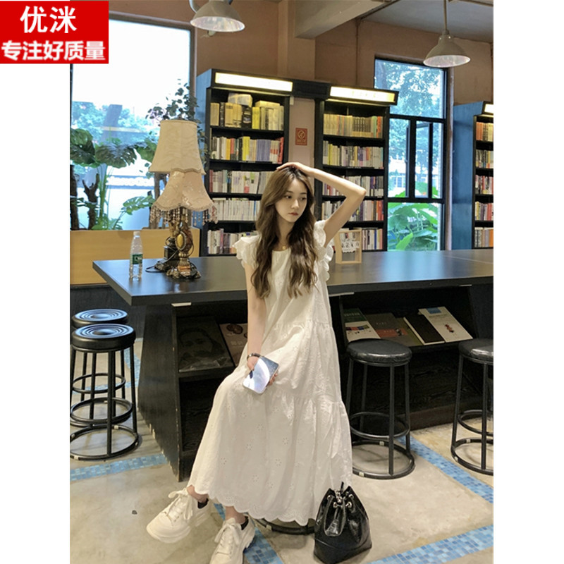 女大童小飞袖白色连衣裙夏季胖女孩宽松加大码初中生法式甜美裙子