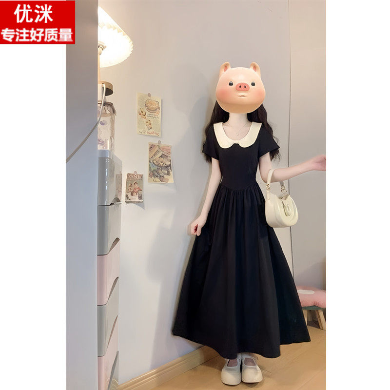 法式娃娃领黑色收腰连衣裙女大童夏季2026新款初中生甜美气质长裙