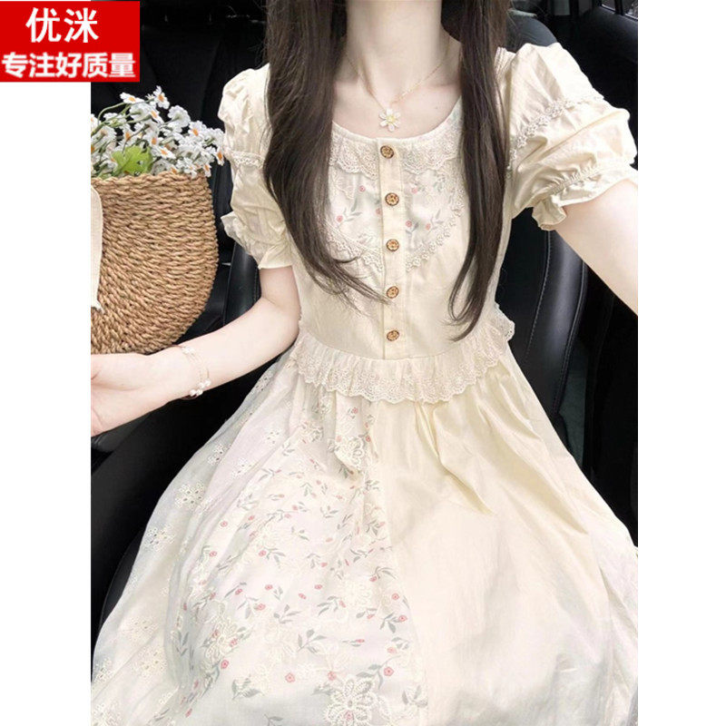 茶歇法式连衣裙女大童森系夏装初中生学院风甜美少女收腰显瘦裙子