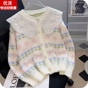 女大童针织毛衣2026新款秋冬款中学生韩版碎花开衫外套12女孩15岁