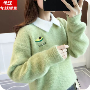 女大童加绒加厚毛衣秋冬新款初中生学院风宽松12-15岁女孩水貂绒